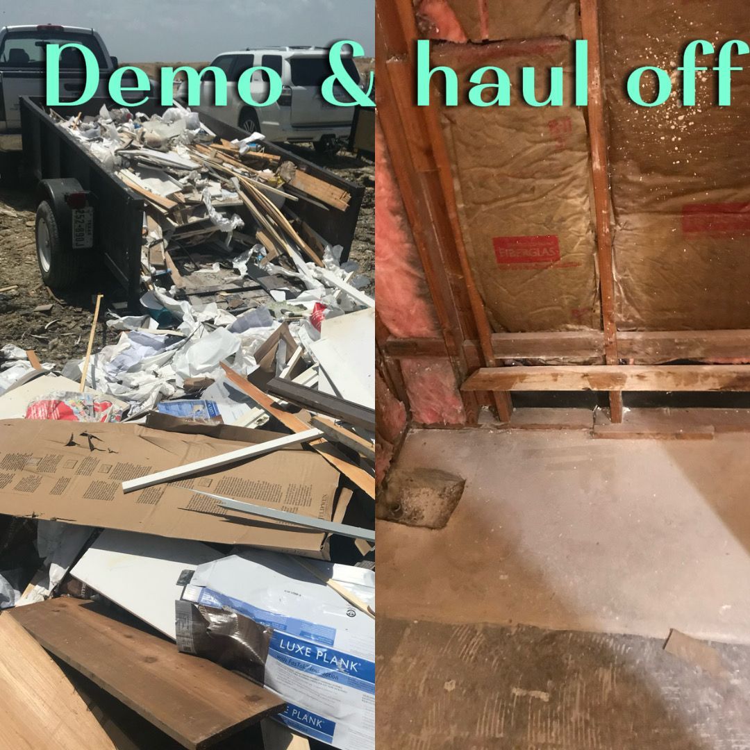Split-screen showing a trailer loaded with demolition debris on the left and an interior wall under construction on right.