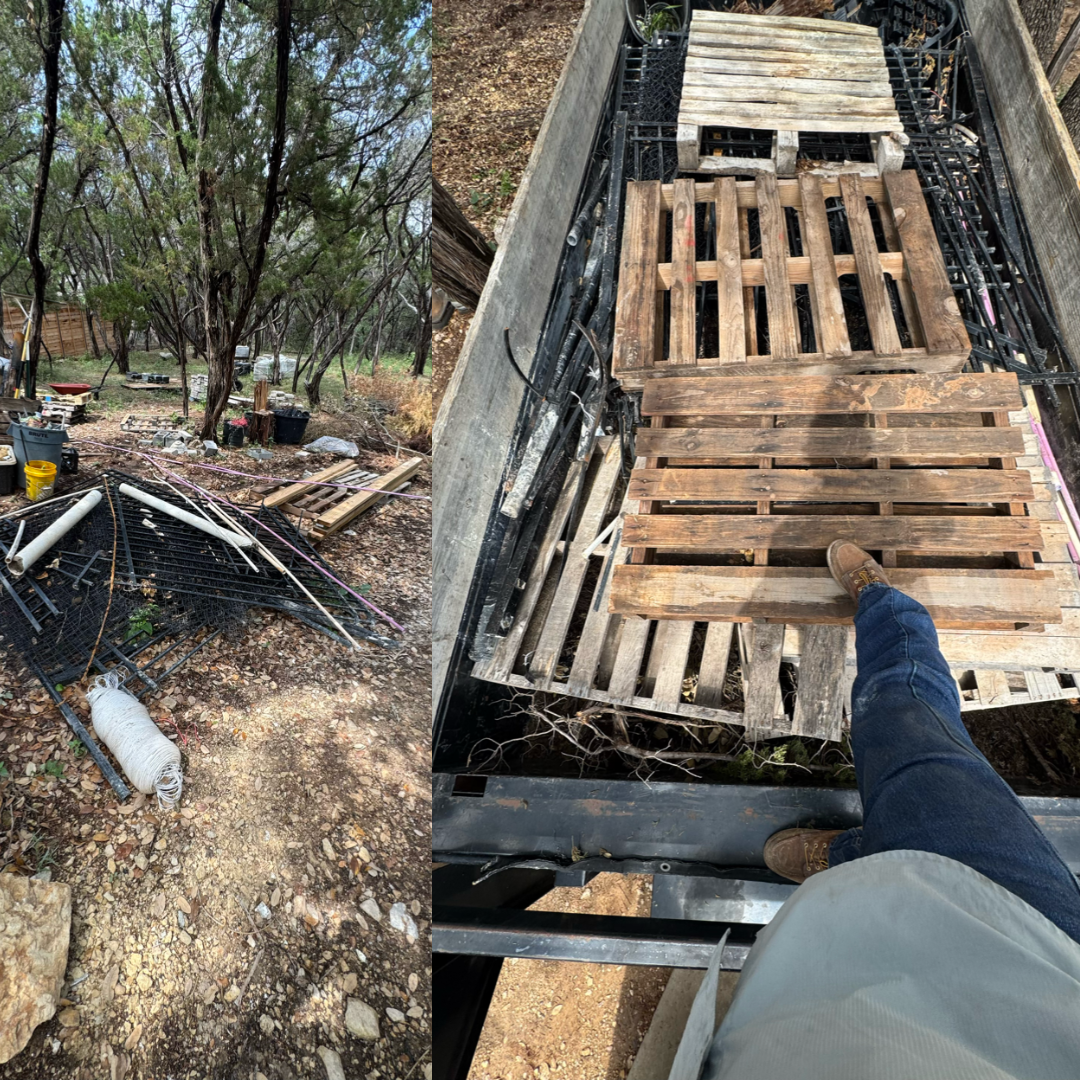 A split-screen view showing a cluttered outdoor wooded area and a first-person perspective of standing on a truck bed.