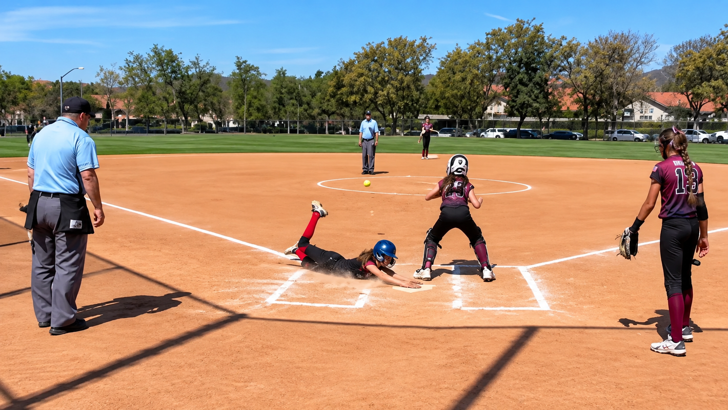 Baseball player sliding into base as another player attempts to catch the ball.