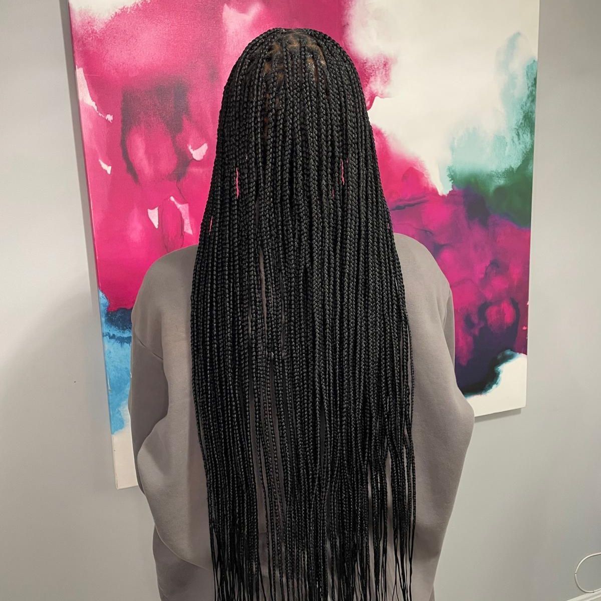 Person with long braided hair facing a colorful abstract painting.