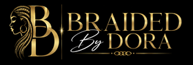 Gold and black logo reading &ldquo;Braided by Dora&rdquo; with a decorative braided profile illustration.