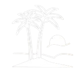 Two palm trees on a small island with a setting sun, outlined in white.