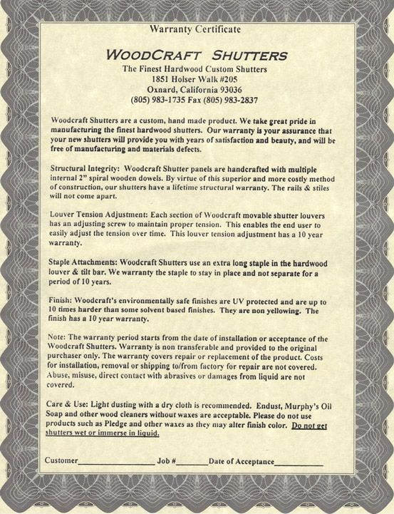Warranty Certificate — Oxnard, CA — Woodcraft Shutters
