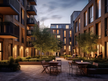 Modern apartment courtyard with warm-lit buildings, trees, and outdoor tables at dusk