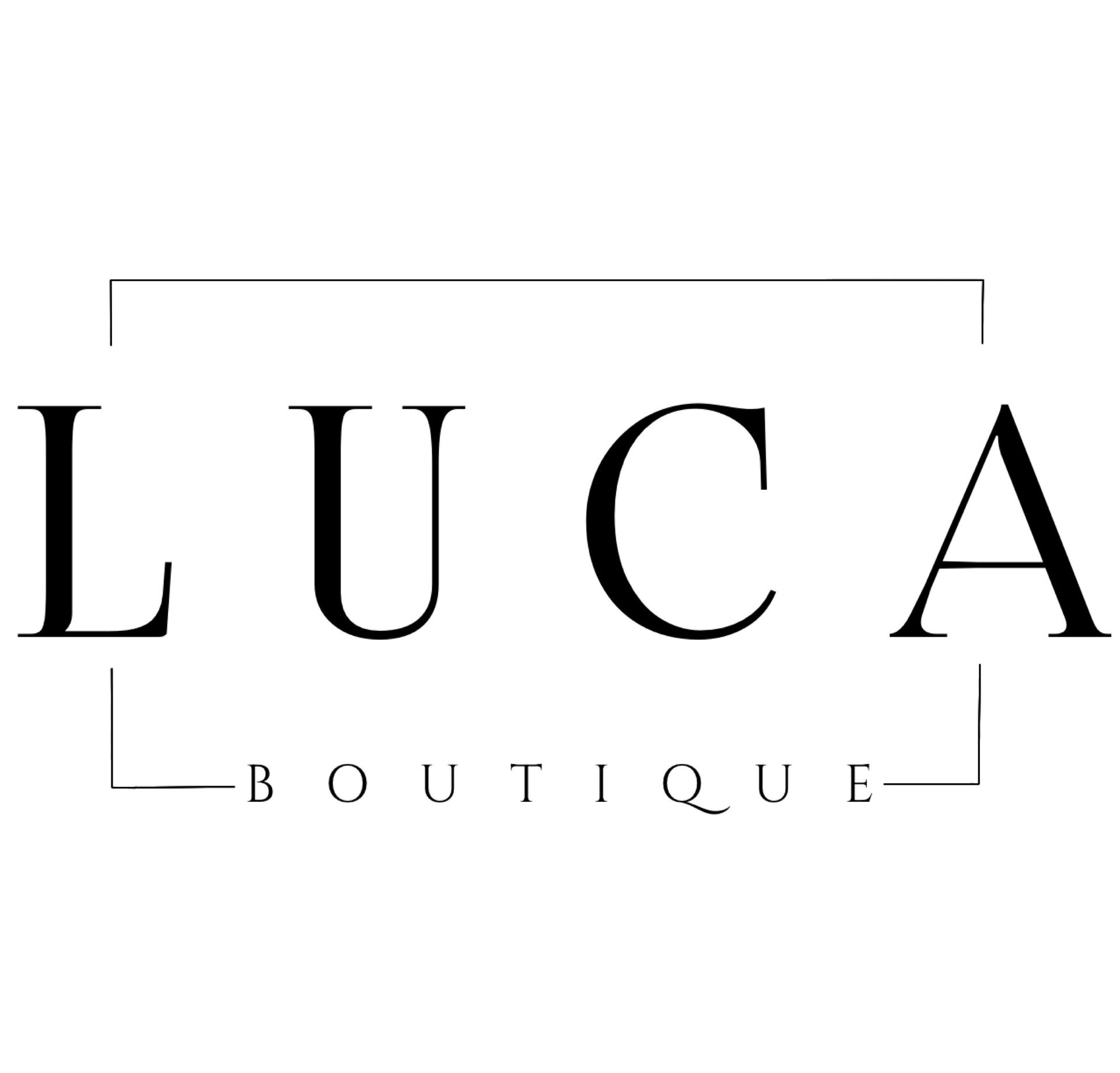 the logo for luca boutique is black and white .