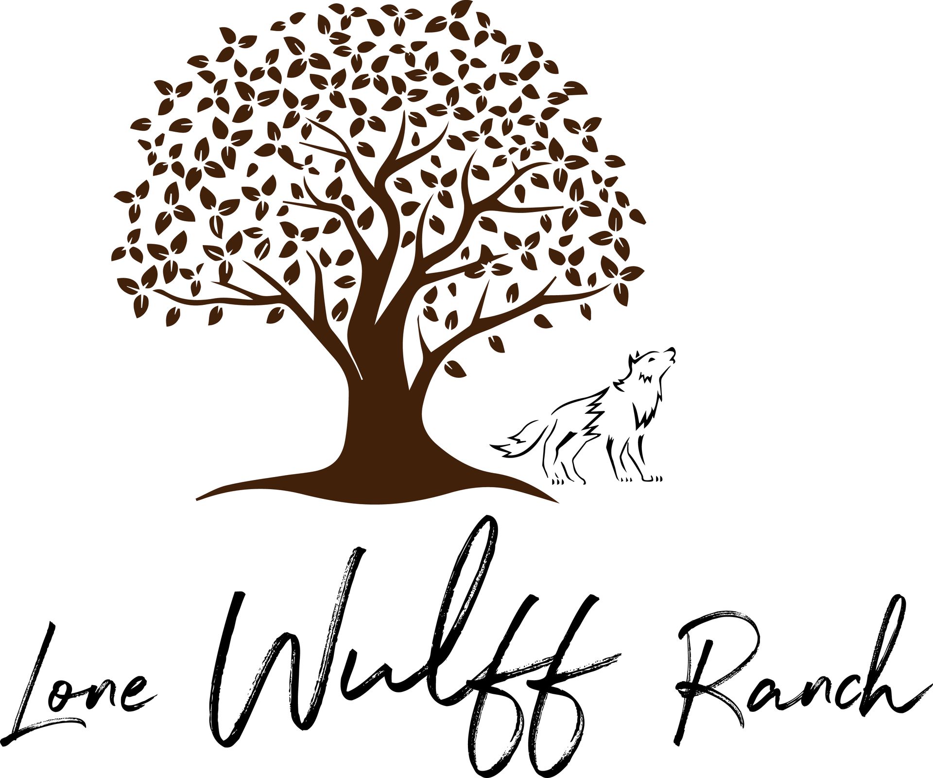 the logo for lone wolf ranch shows a wolf howling at a tree .