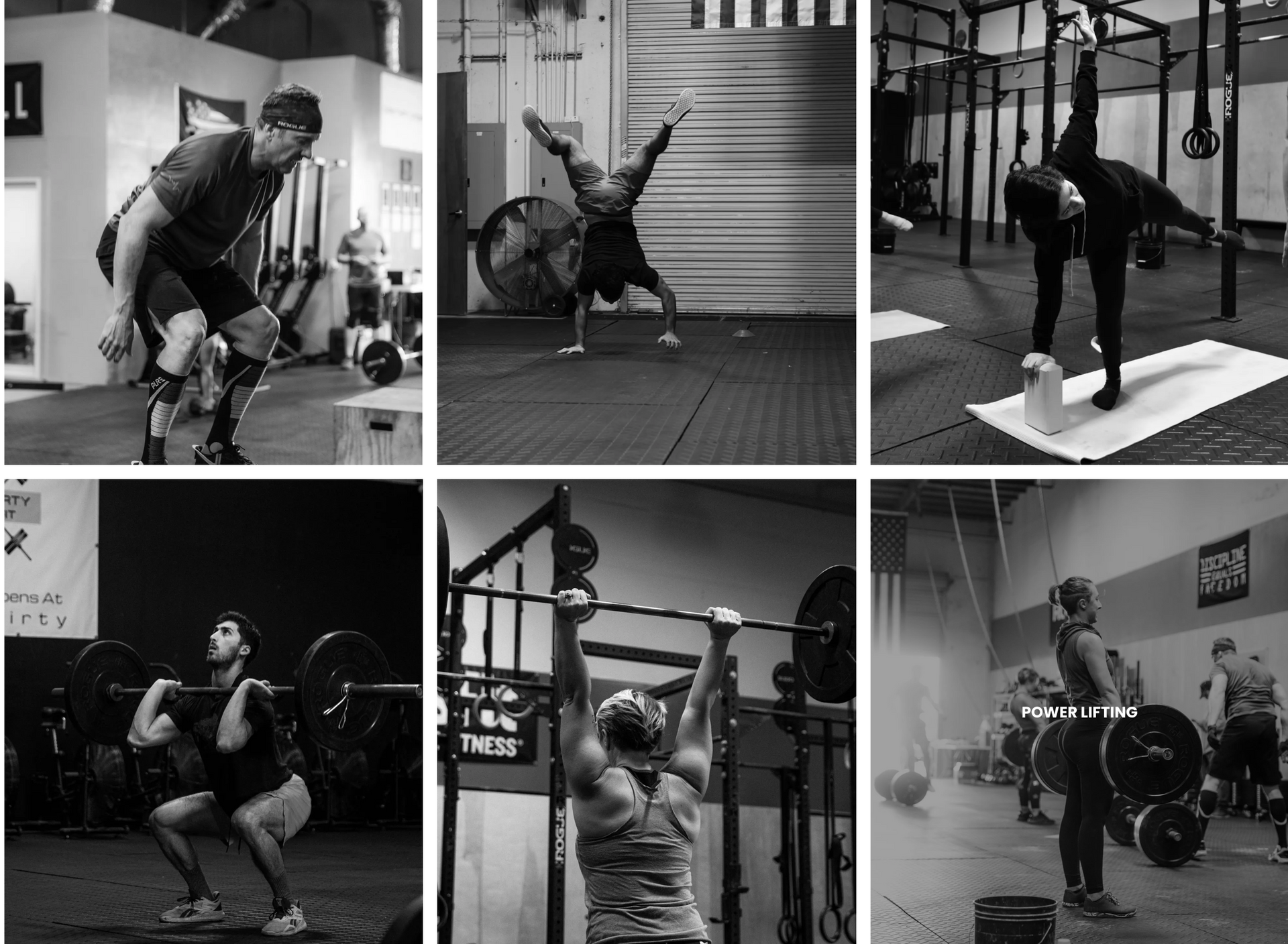 a collage of black and white photos of people doing exercises in a gym