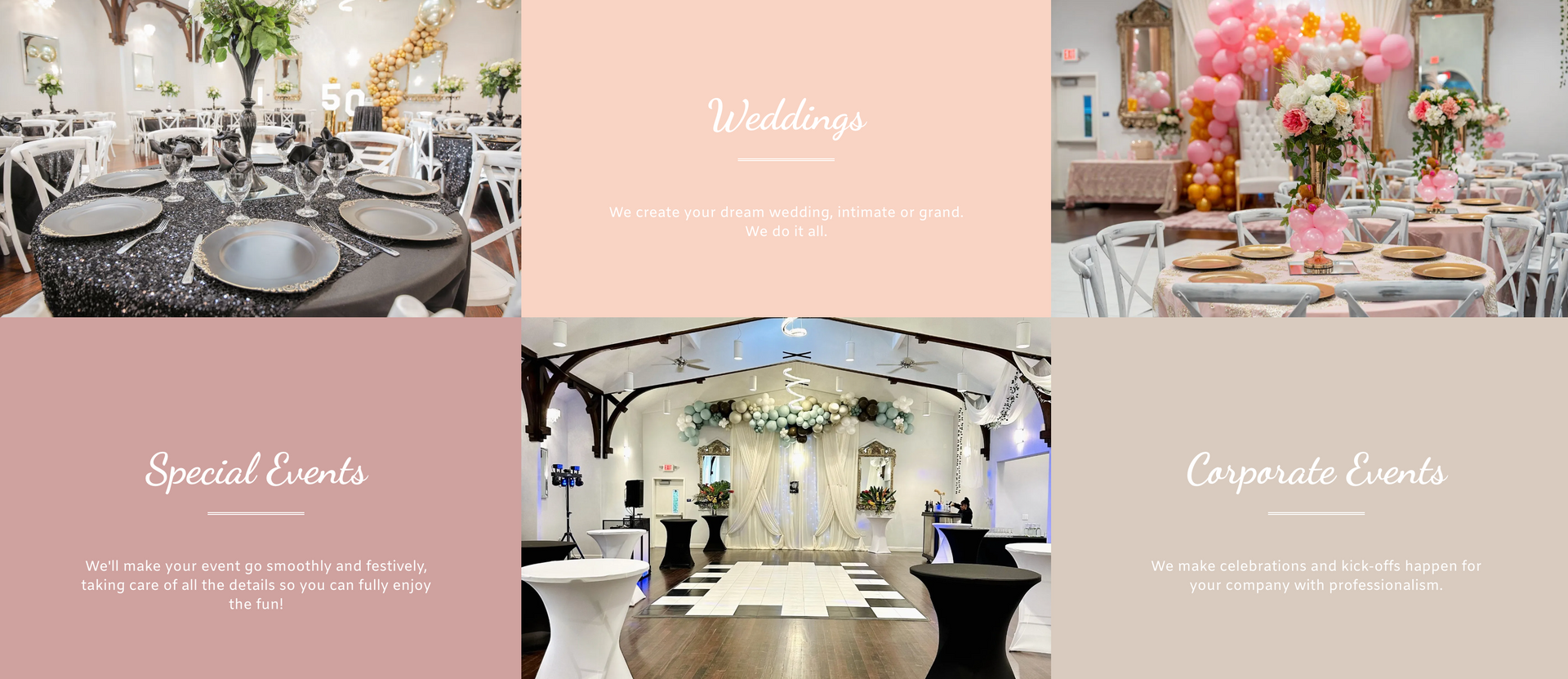 a collage of photos of a wedding venue , special events , and corporate events .