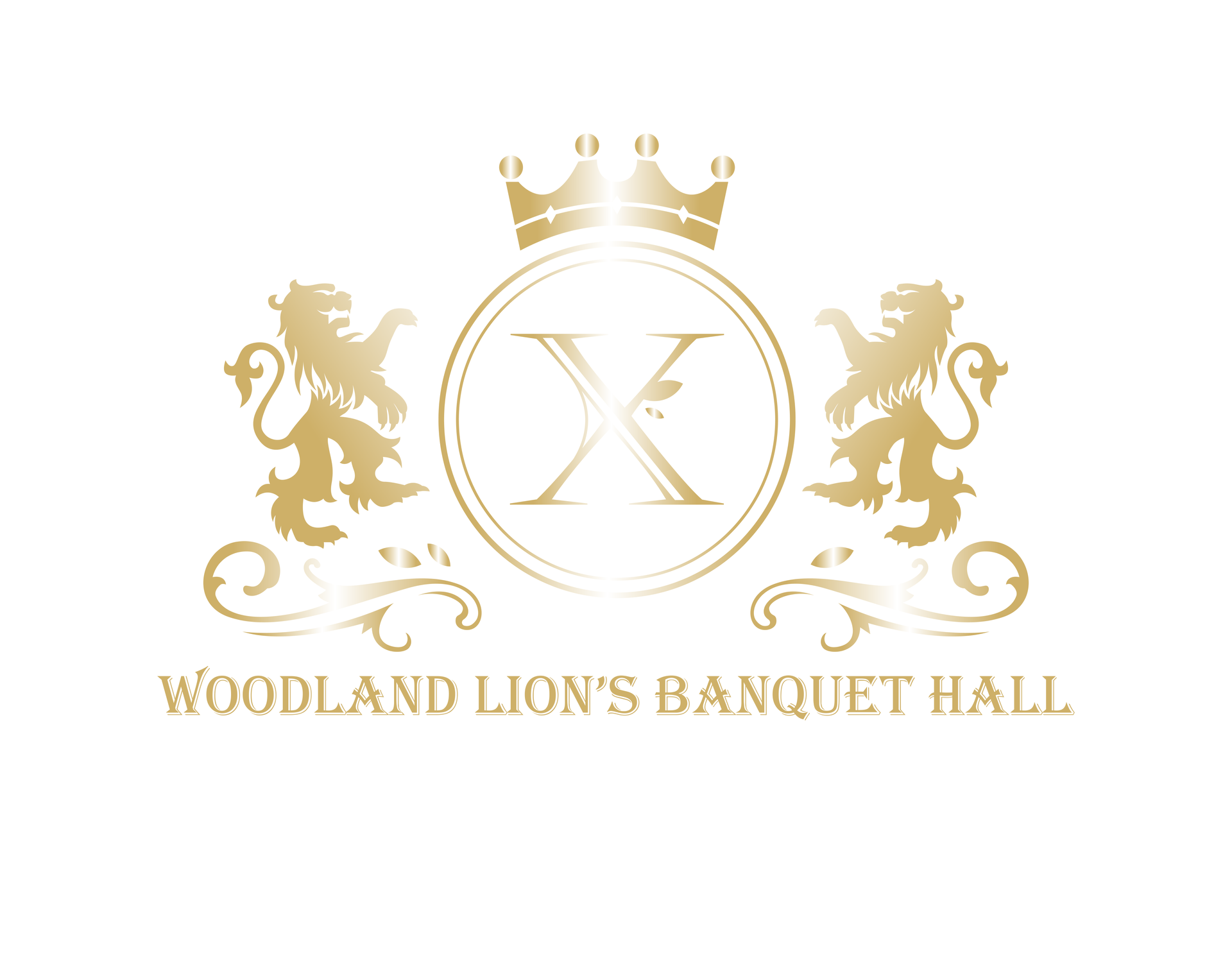 a logo for woodland lion 's banquet hall with two lions and a crown .