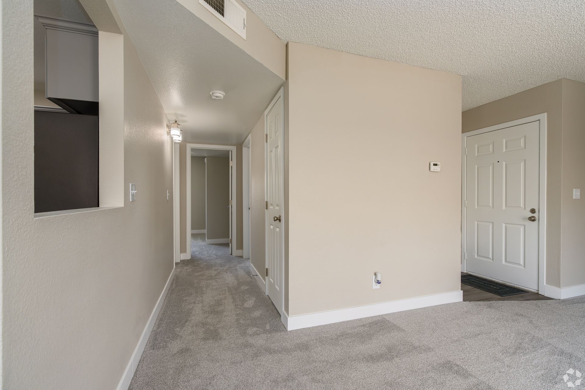 Hallway of a neutral-colored apartment with carpet flooring. White doors lead to rooms.