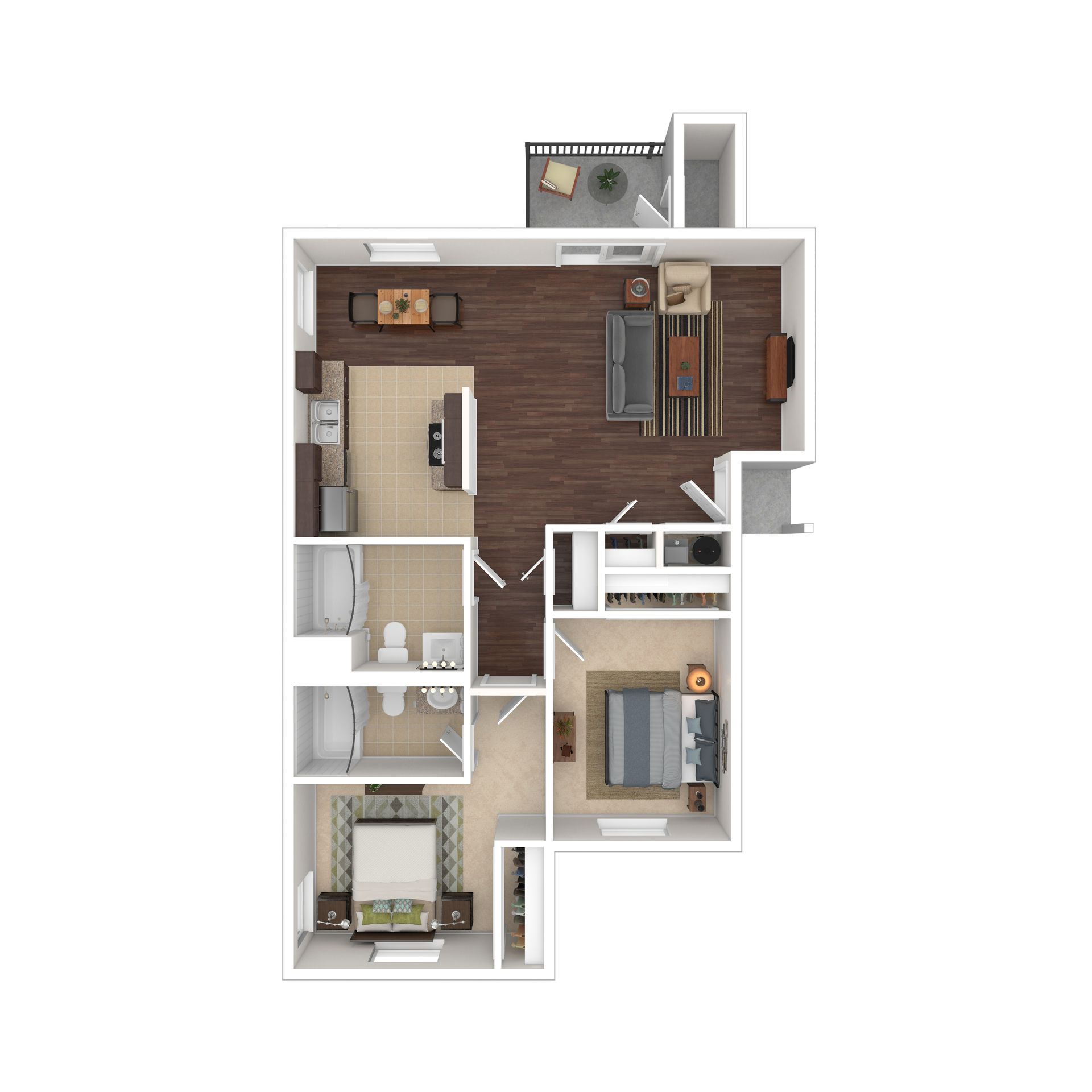 Floor plan of a two-bedroom apartment with a living room, balcony, kitchen, and bathrooms.