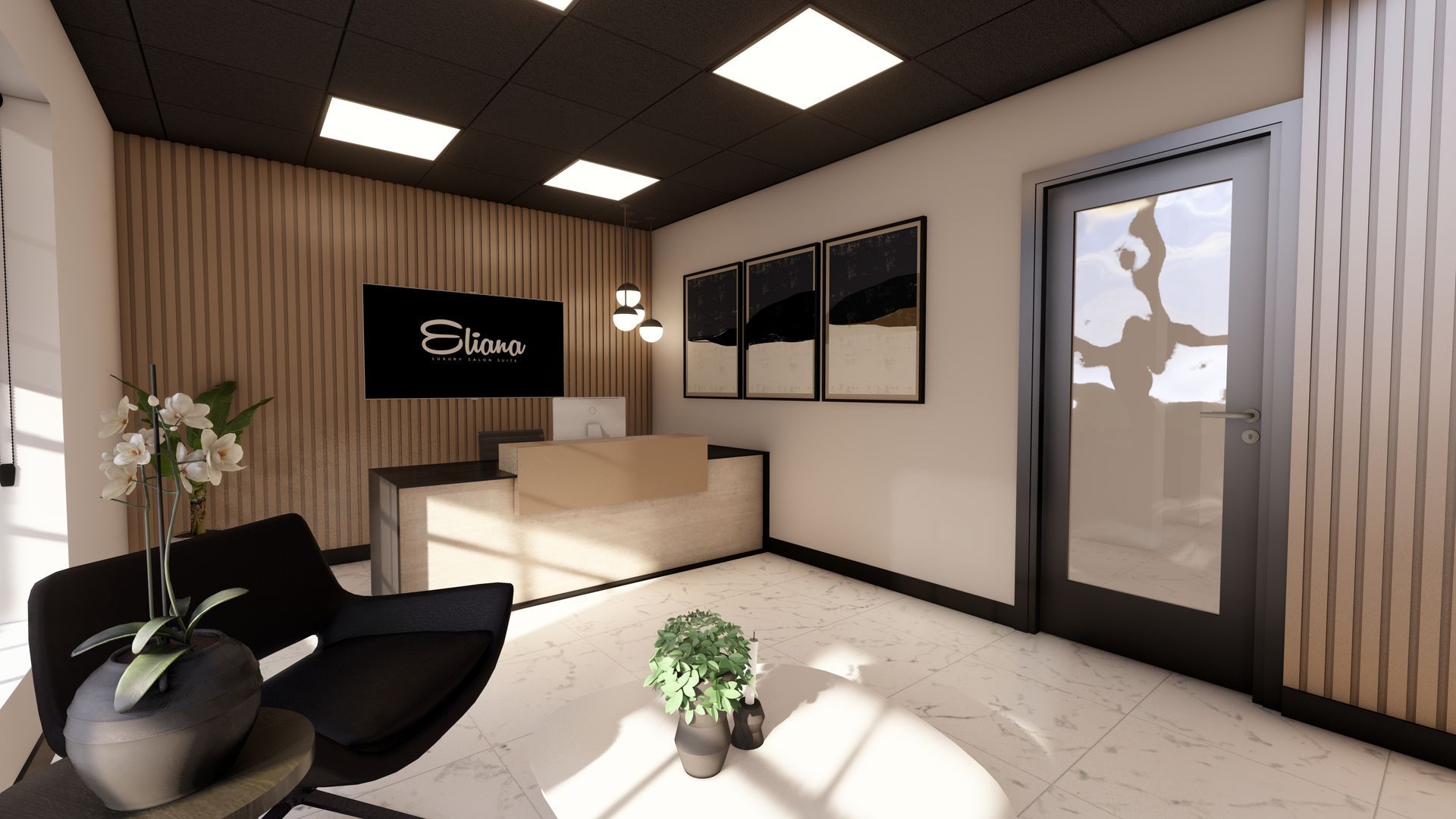 Modern spa reception with beige desk, black chairs, plants, and a glass door.