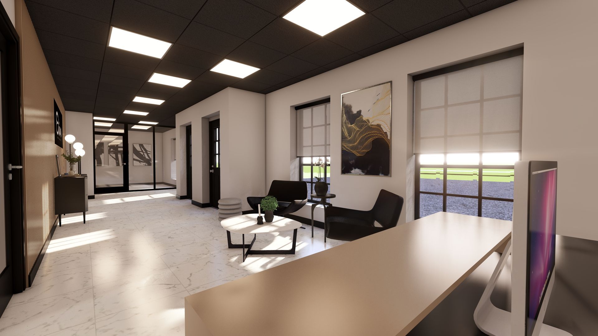 Modern office lobby with white walls, black ceiling lights, chairs, desk, and large windows.