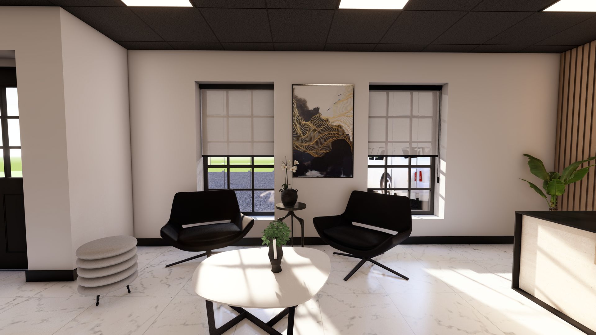 Modern office lounge with black chairs, white table, windows, and wall art.