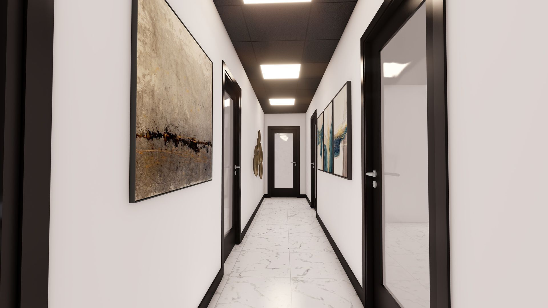 Bright modern hallway with white walls, dark doors, and abstract wall art