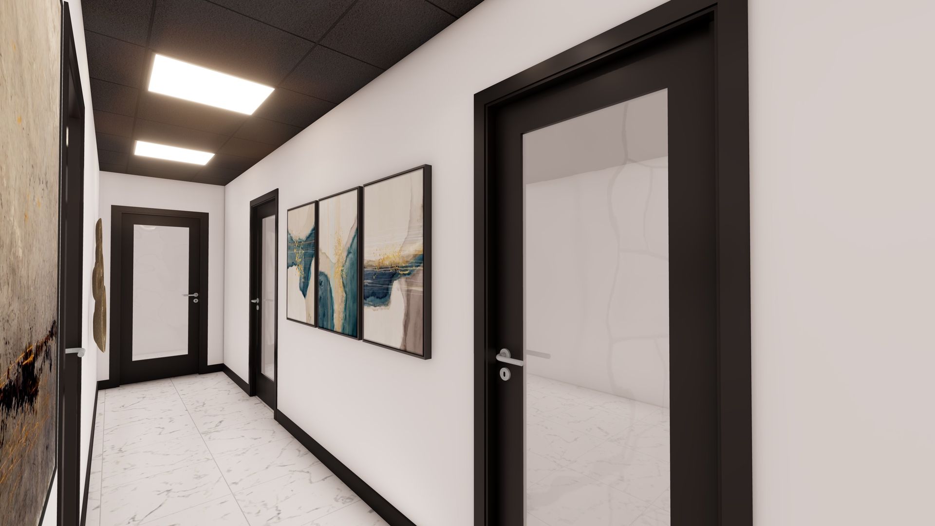 Bright modern hallway with white walls, black doors, wall art, and ceiling lights.