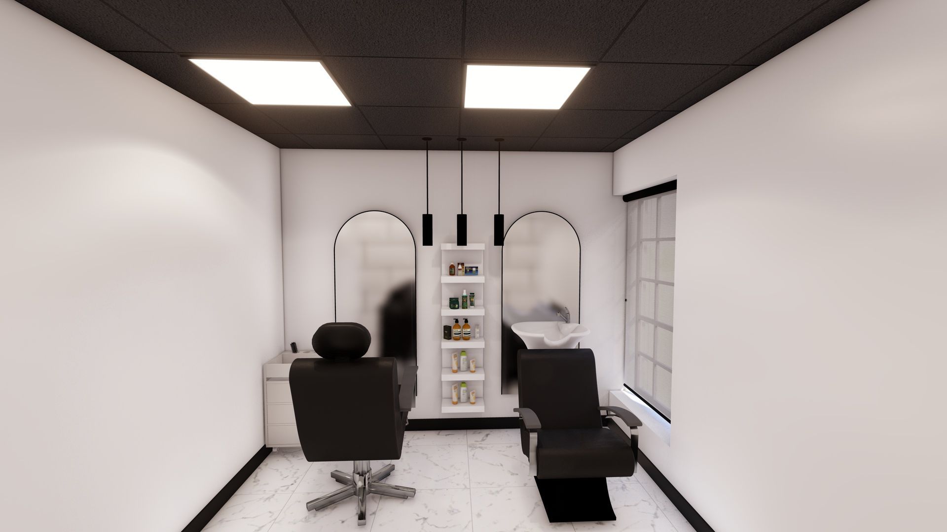 Modern salon interior with two styling chairs, mirrors, product shelves, and white walls.
