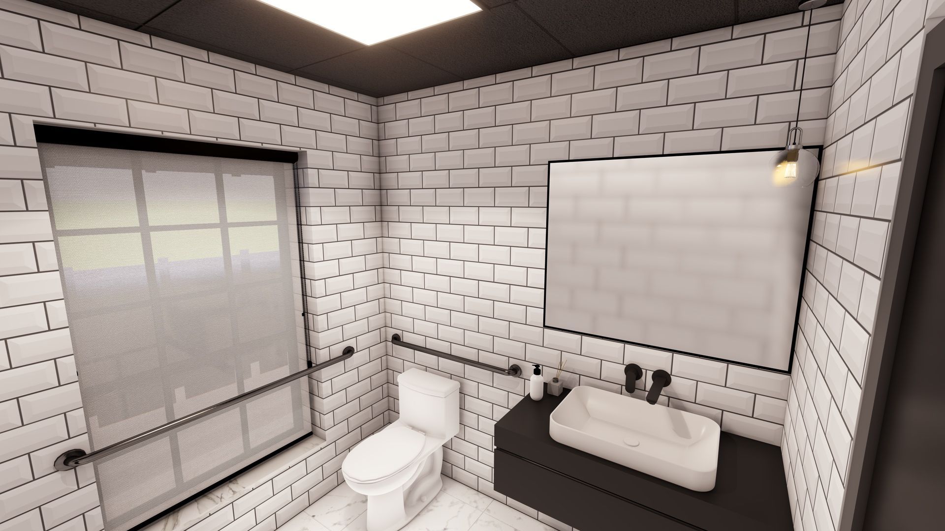 Modern white bathroom with a toilet, sink, large mirror, and frosted window panels