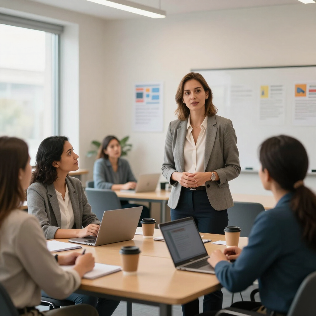 Business meeting with a woman presenting to colleagues around a conference table in a bright office