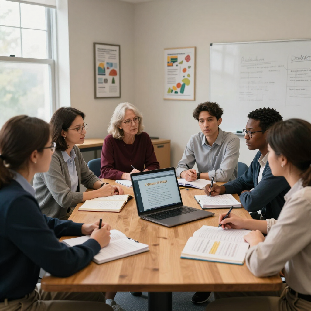Team meeting around a wooden table with laptops, notebooks, and charts in a bright office conference room