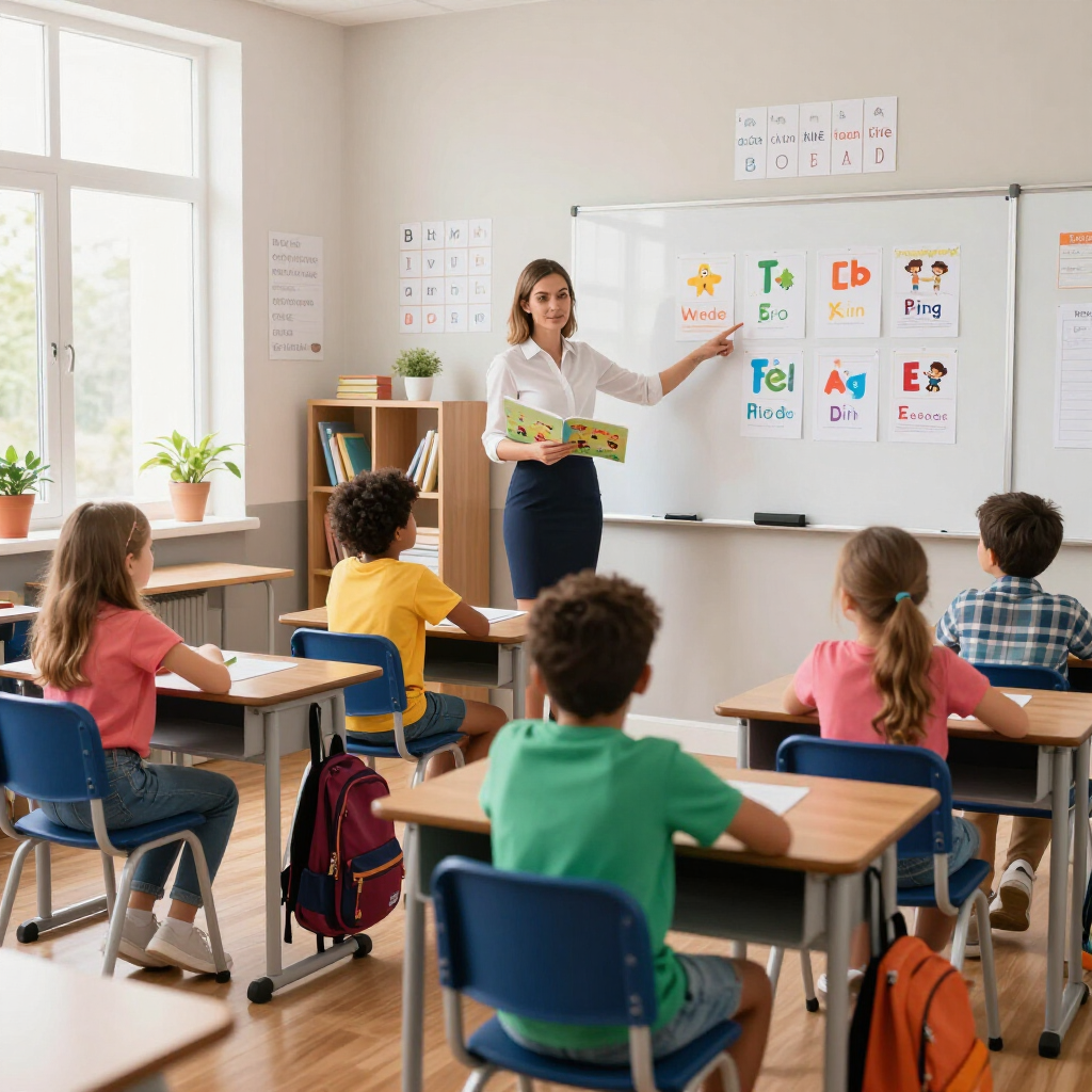 Teacher leading a lesson at a whiteboard while students sit at desks in a bright classroom.
