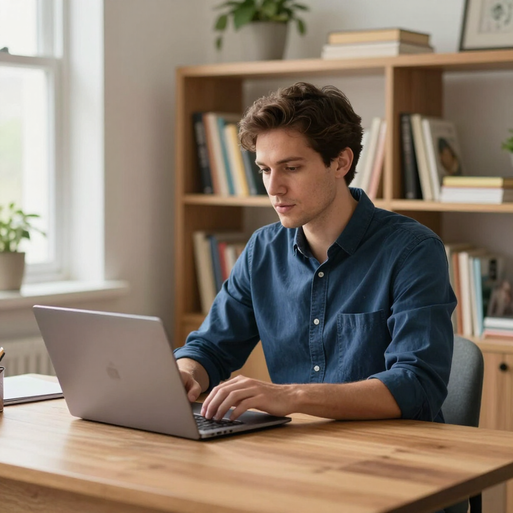 Person typing on a laptop at a wooden desk in a bright home office, with bookshelves in the background