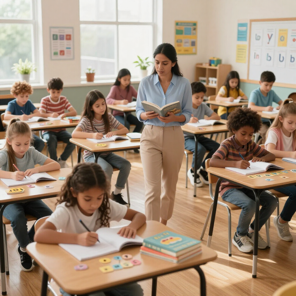 Teacher supervising students reading at desks in a bright classroom