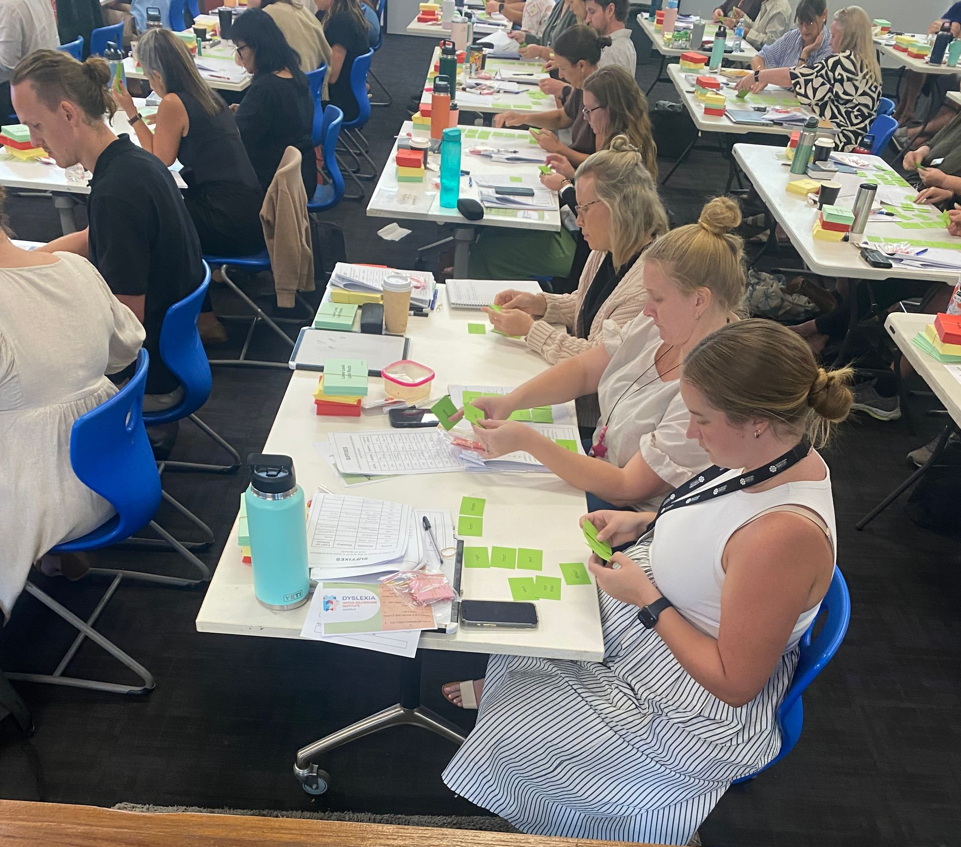 Teachers using colorful cards as they practice Morphology lessons for classroom application during Advanced Morphology training.