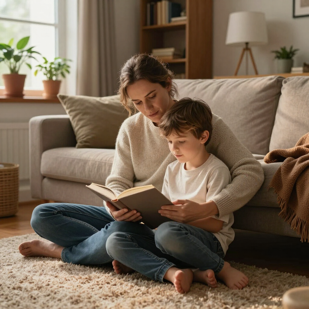 Adult reading a book with a child on a couch in a cozy living room