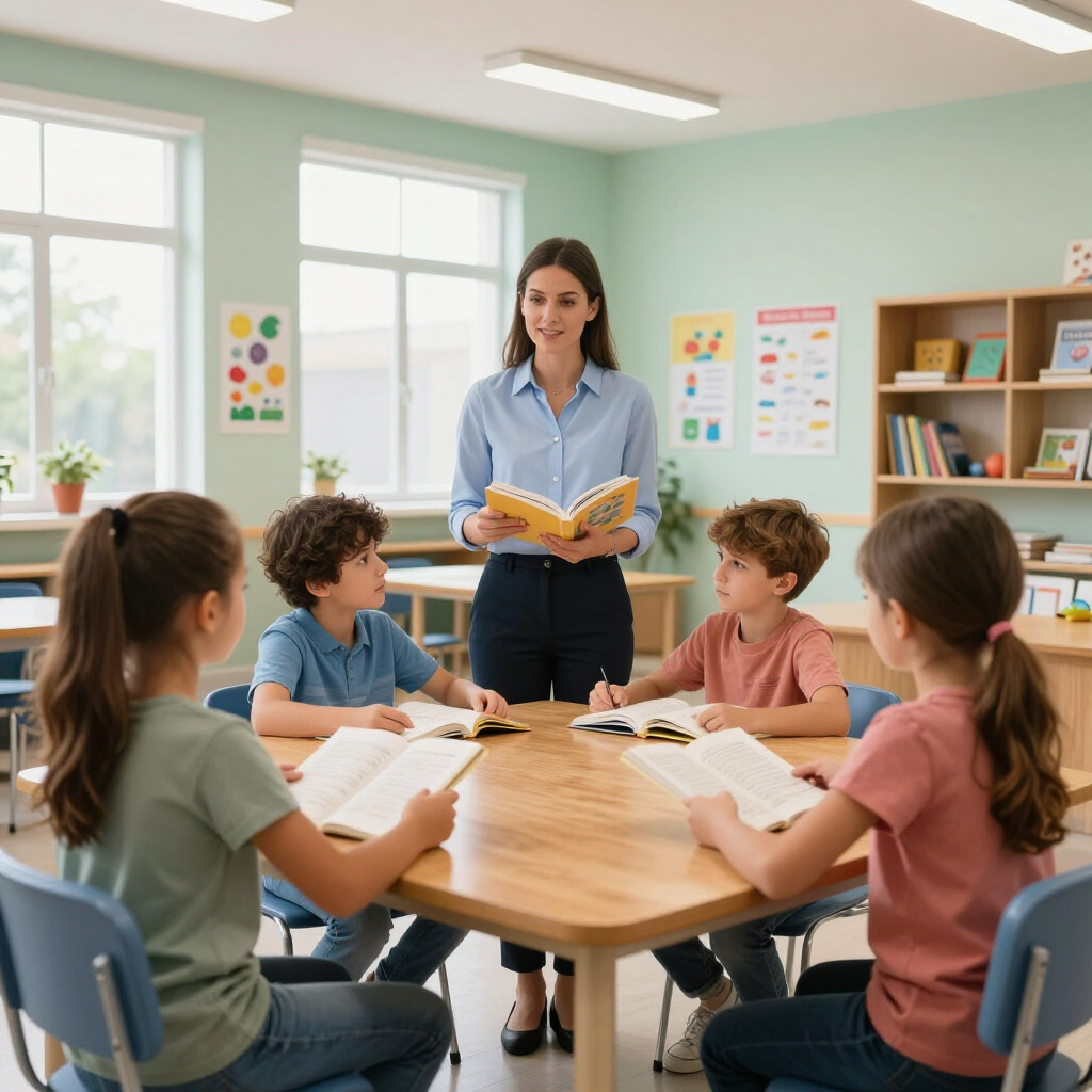 Teacher reading to children at a classroom table in a bright, pastel-colored room