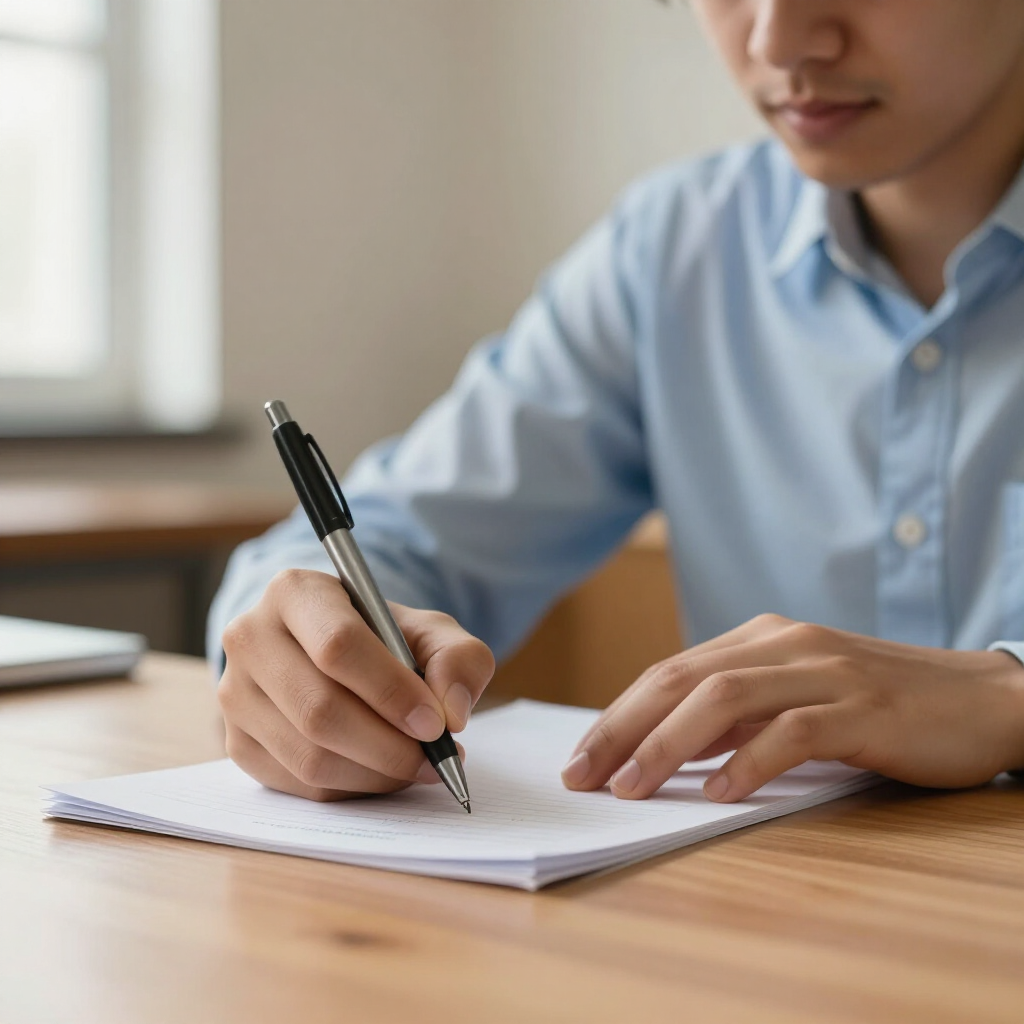 Person in a light blue shirt writing in a notebook at a wooden desk, close-up.