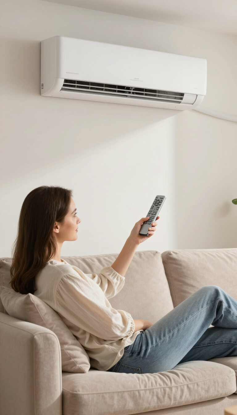Eine Frau liegt auf einem beigen Sofa und hält eine Fernbedienung auf eine an der Wand montierte Klimaanlage gerichtet.