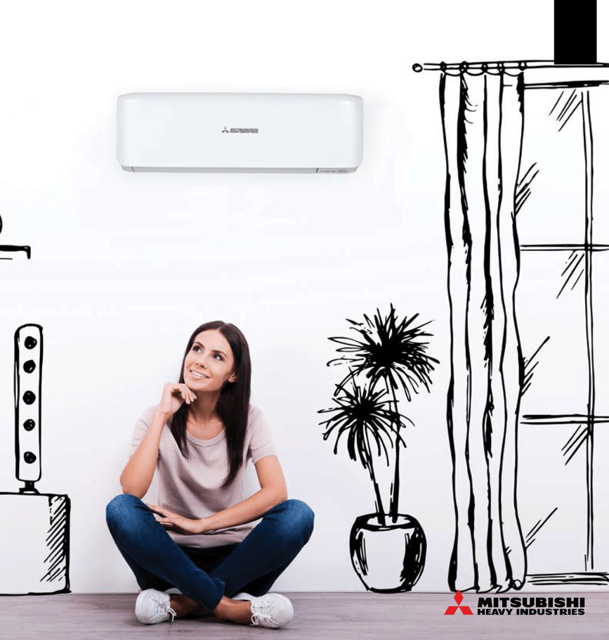 Eine Frau sitzt auf dem Boden unter einer an der Wand montierten Klimaanlage und blickt in einem hellen Raum mit Linienkunst-Dekor nach oben.