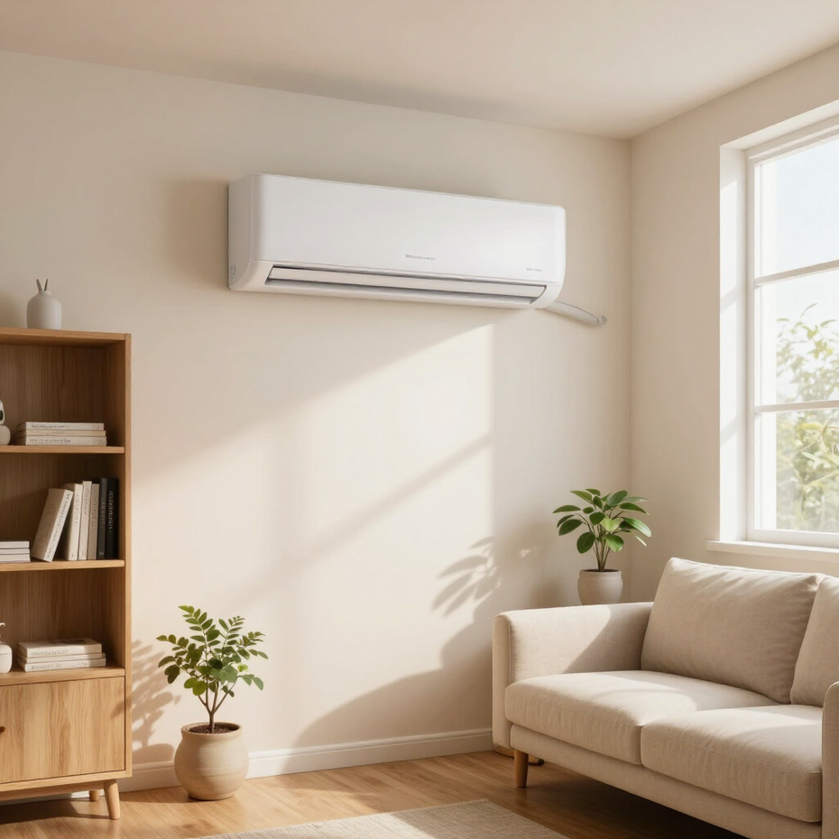 Helles Wohnzimmer mit wandmontierter Klimaanlage, beigefarbenem Sofa, Holzregal und Topfpflanzen.