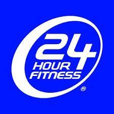 The logo for 24 hour fitness is blue and white on a blue background.