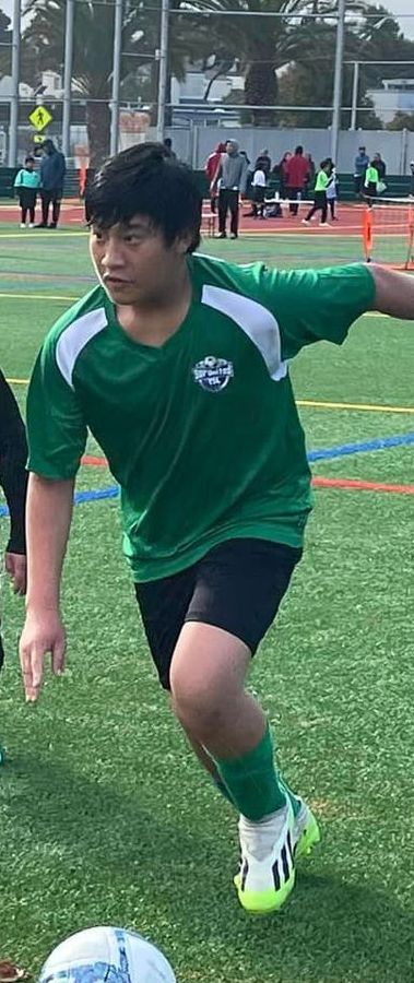 A young boy in a green shirt and black shorts is playing soccer on a field.