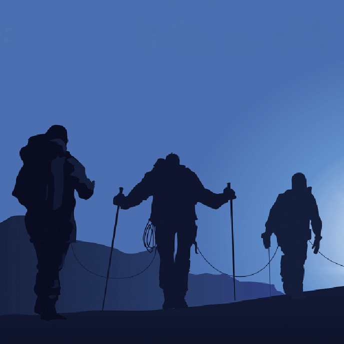 Three silhouetted hikers ascend a mountain slope at dusk, roped together for safety.