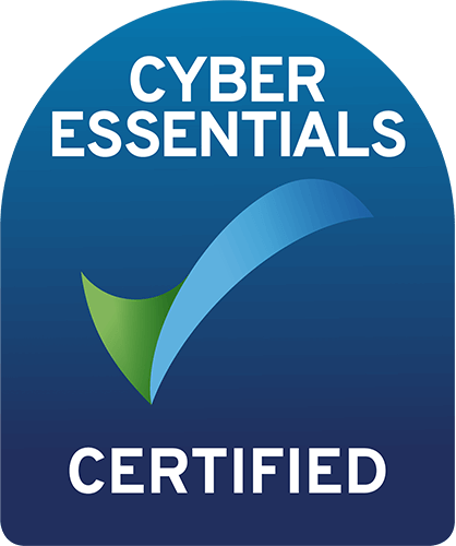 Cyber Essentials Certified badge with blue and green checkmark.