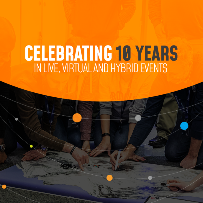 People gather around a map, celebrating 10 years of events. Orange background with white and gray text.