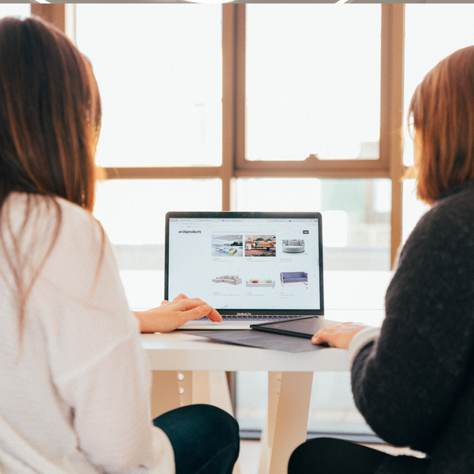 Two women sit at a table, looking at a laptop screen with a website displayed, near a window.