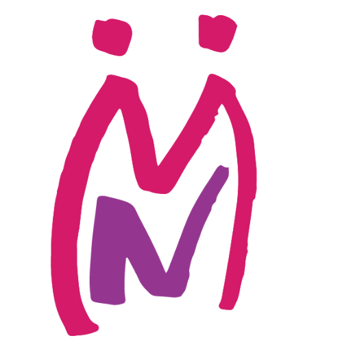 Pink and purple stylized logo of two figures connected by the letter 
