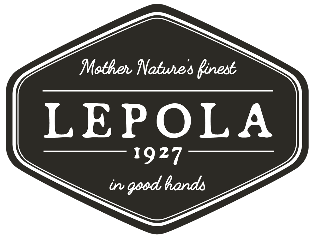 Mustavalkoinen Lepola-logo: teksti kuusikulmion sisällä,