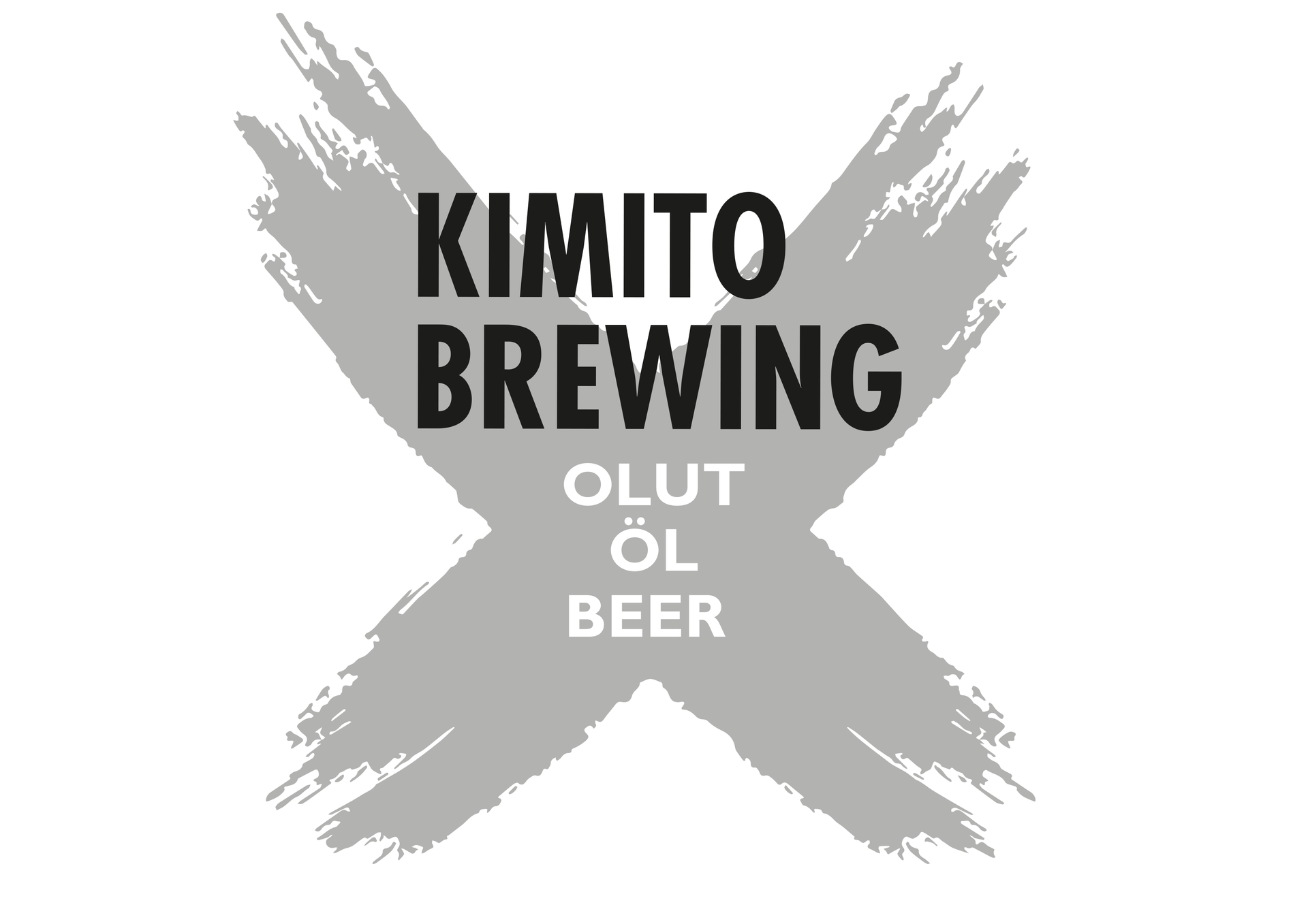 Kimito Brewing -logo ja teksti harmaalla X-siveltimenvedolla taustalla.