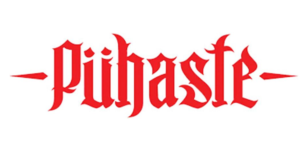 Punainen "Pühaste"-logo goottilaisella kirjasinkoolla ja viivoilla molemmin puolin.
