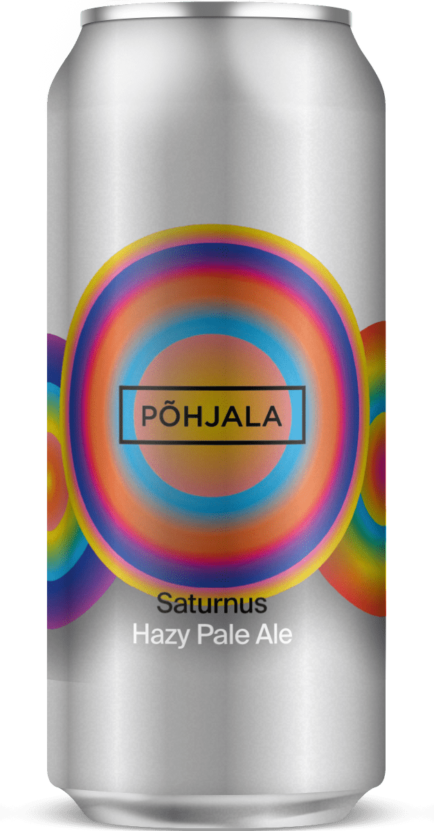 Hopeinen oluttölkki, jossa on värikkäitä samankeskisiä ympyröitä, sanat 