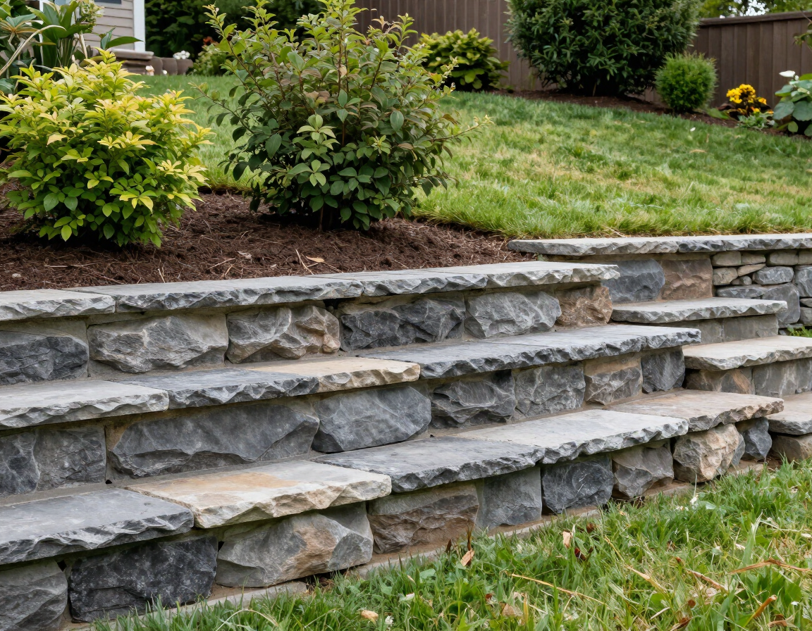 Stone terraced garden wall with steps, bordered by shrubs and grass