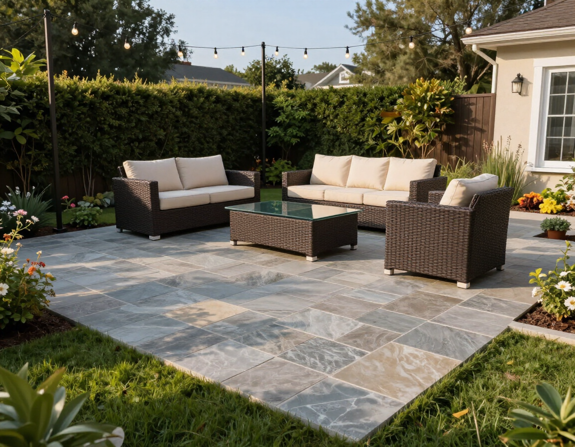 Patio with wicker outdoor seating on a stone paver terrace, surrounded by greenery and flowers