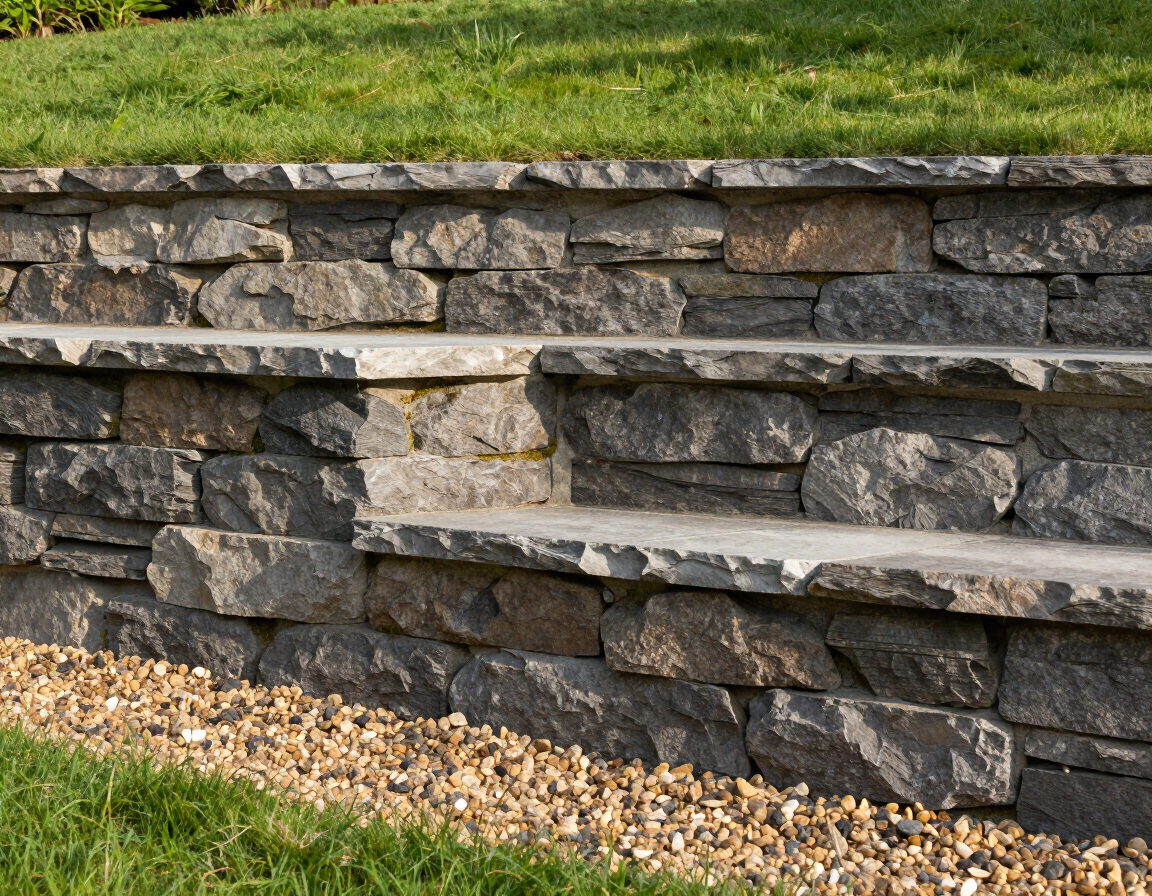 Stone retaining wall with stacked gray blocks and a gravel border in sunlight