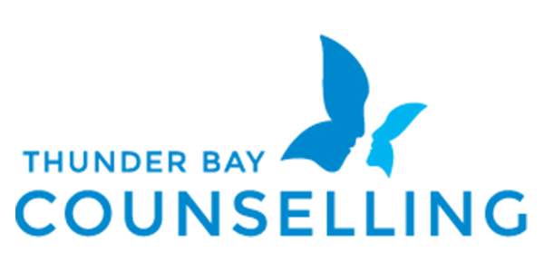The logo for thunder bay counseling has a blue butterfly on it