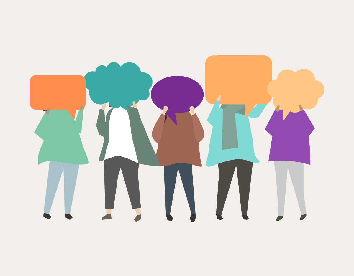A group of people holding speech bubbles over their heads.